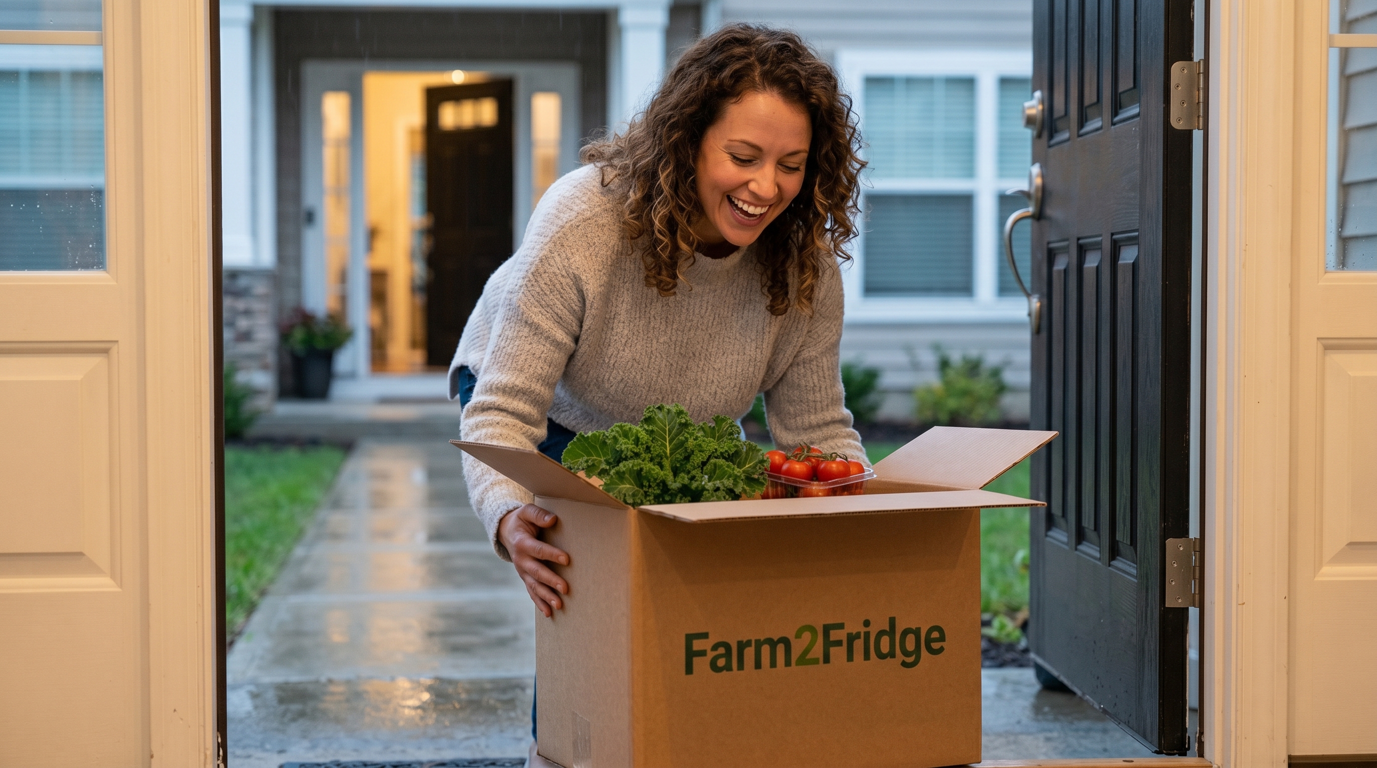Customer lifting her Farm2Fridge produce box at the doorstep.